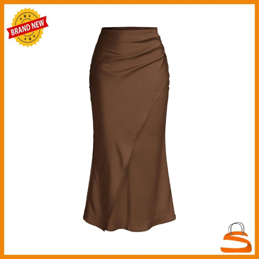 Satin Maxi Skirt High Waisted Wrap Ruched Fishtail Elegant Work Casual